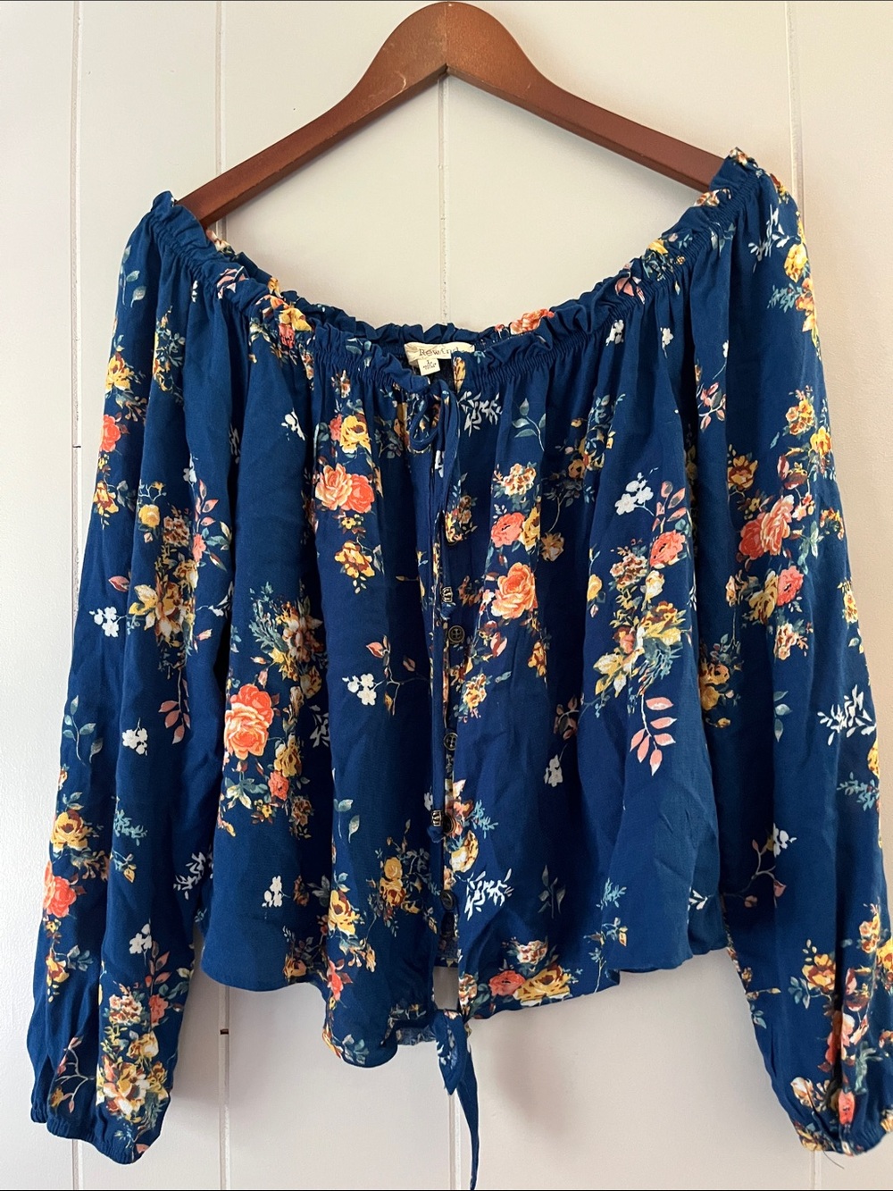 Rewind Navy Blue Floral Off-Shoulder Peasant Blouse